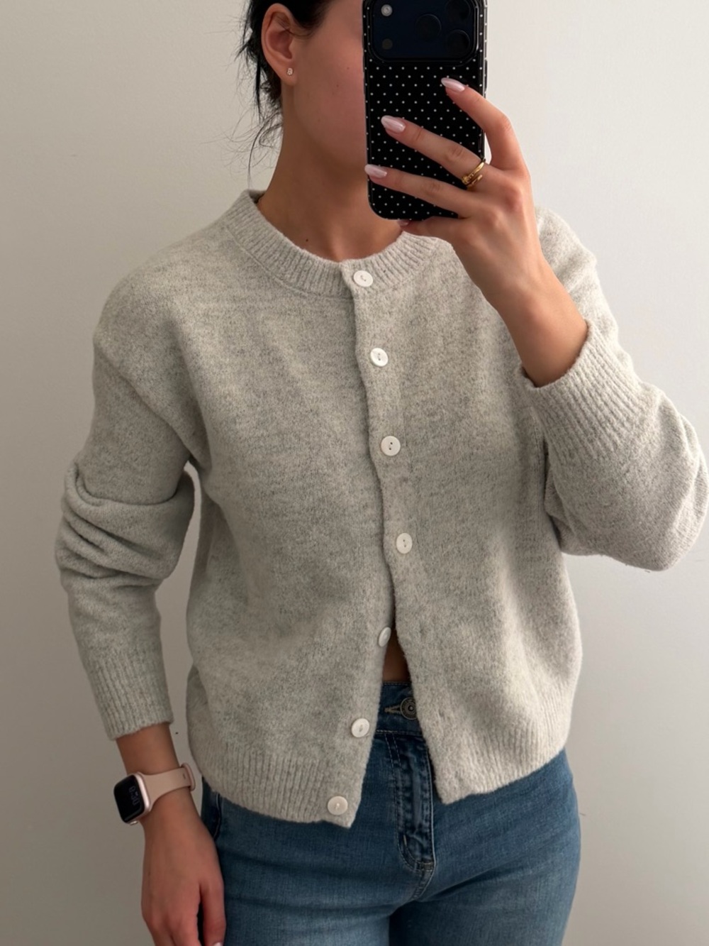 Gray Button-Front Knit Cardigan